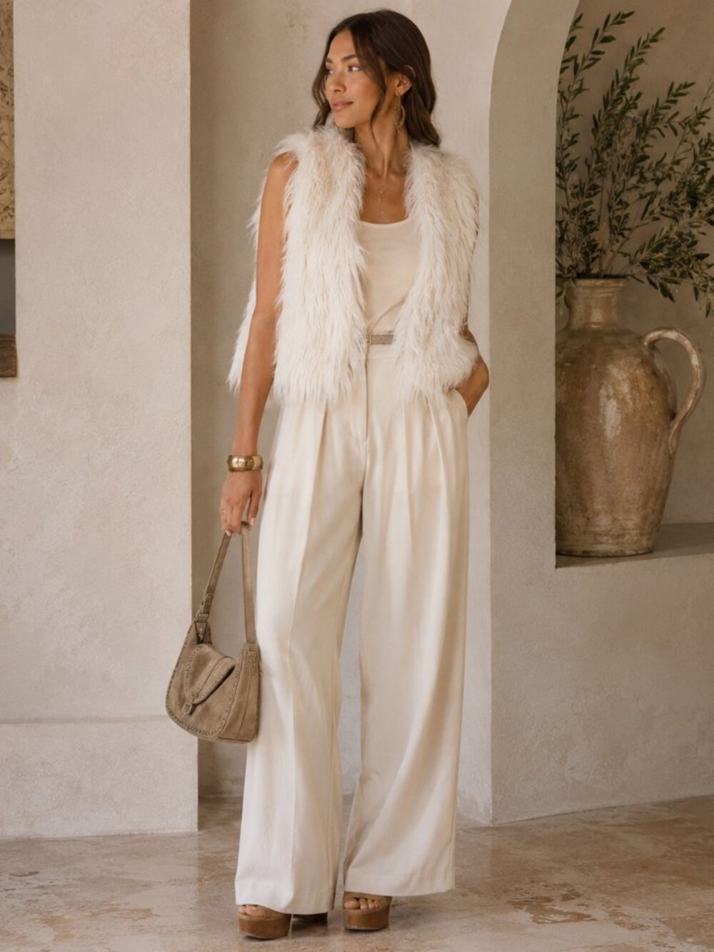 THML Anthropologie Vest Size Large Faux Fur Creamy White